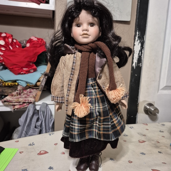 Plaid Porcekaun Dress Doll with Brown Hair - Picture 1 of 3